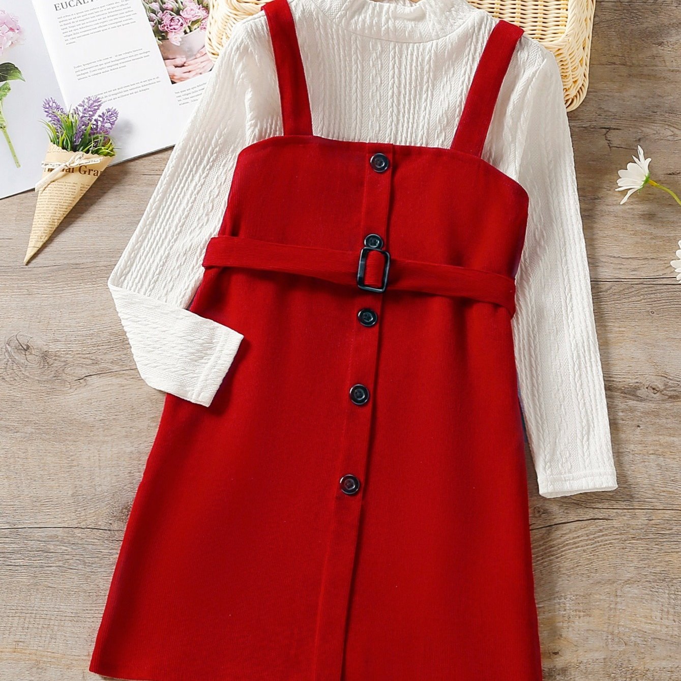 2pcs Kids Girls Knitted Tops and Corduroy Slip Dress Suits