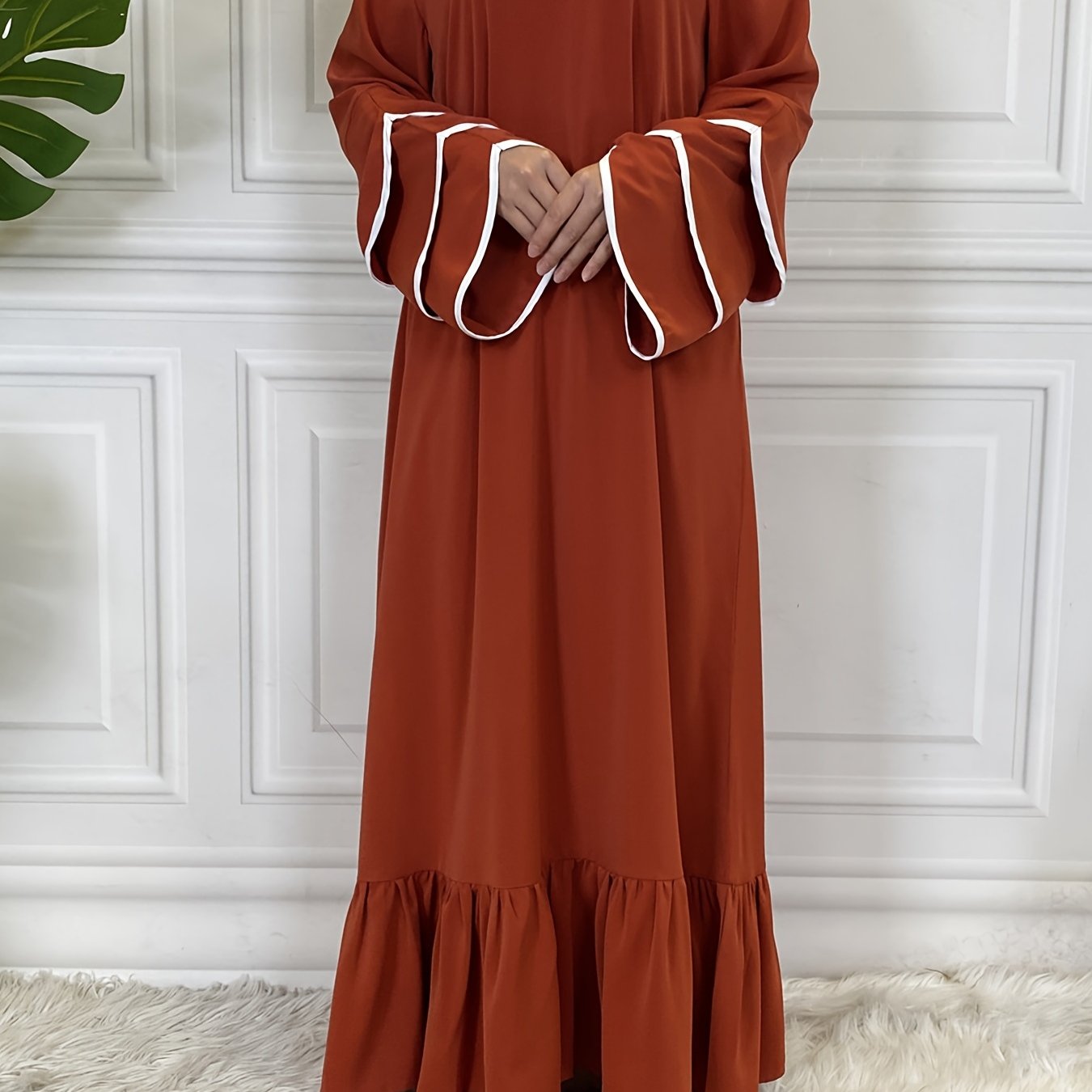 Women's Solid Muslim Petal Sleeve Crew Neck Loose Dress