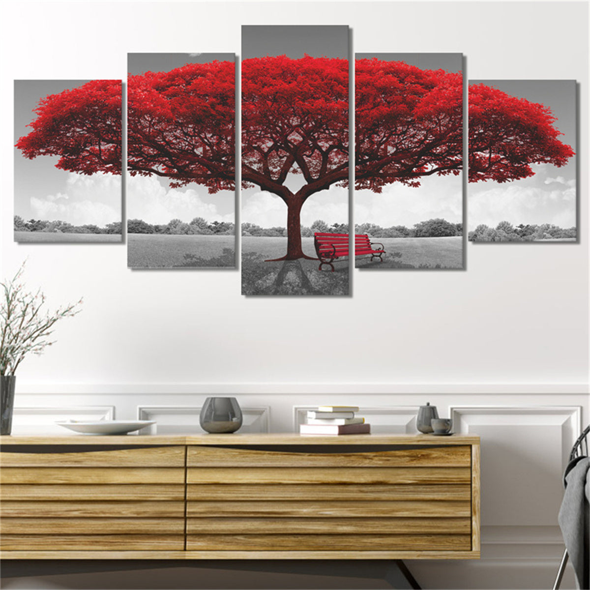 5pcs Frameless Red Benches Under The Big Tree Wall Art Painting Set