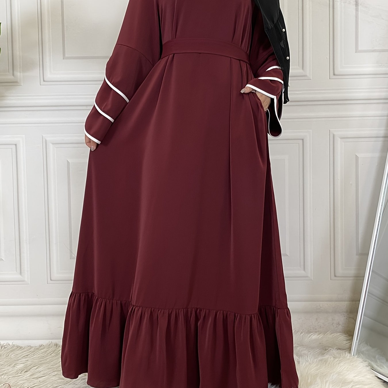 Women's Solid Muslim Petal Sleeve Crew Neck Loose Dress