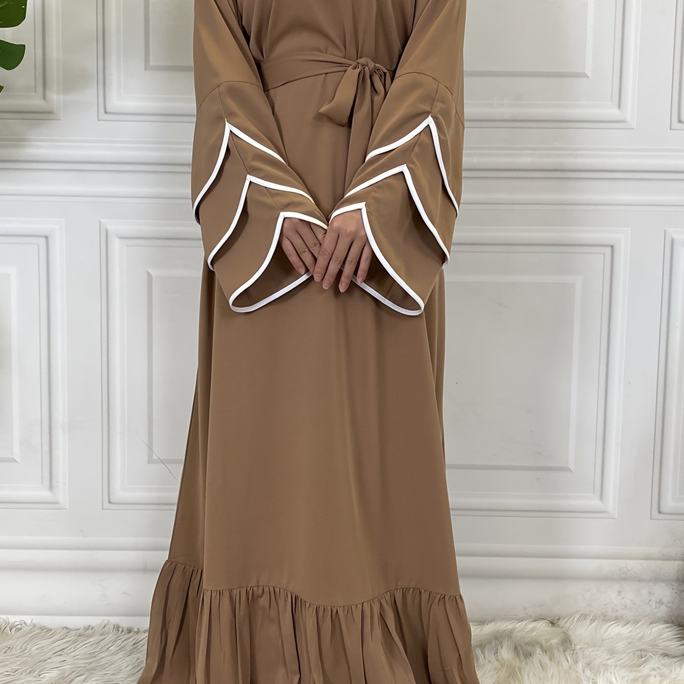 Women's Solid Muslim Petal Sleeve Crew Neck Loose Dress