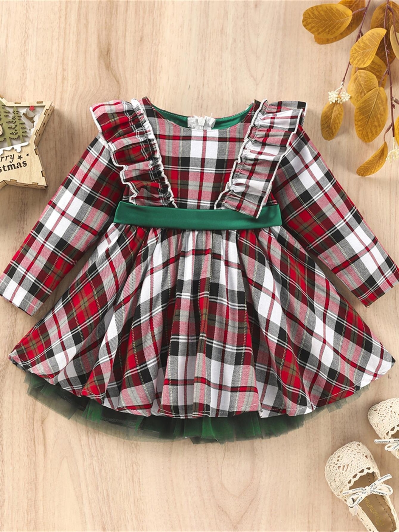Girls Plaid Bowknot Belted Party Dress
