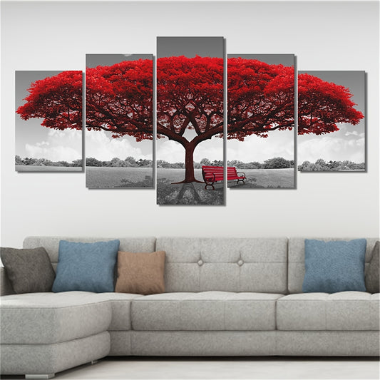 5pcs Frameless Red Benches Under The Big Tree Wall Art Painting Set