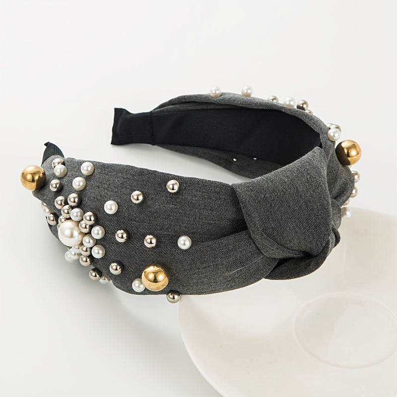 Fashionable Denim Headband with Faux Pearls and Wide Beads Bow