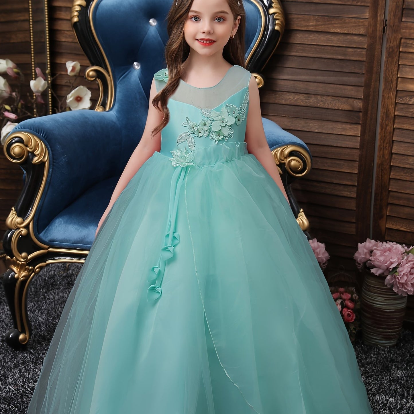 Girls Princess Sleeveless Flower Embroidery Tutu Dress