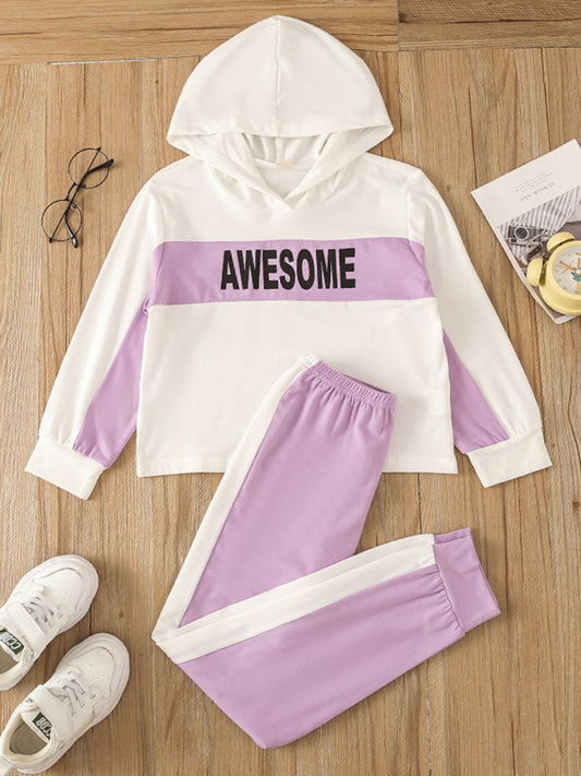 Stylish Letter Print Hooded Sweatshirt & Patchwork Sweatpants Set for Girls