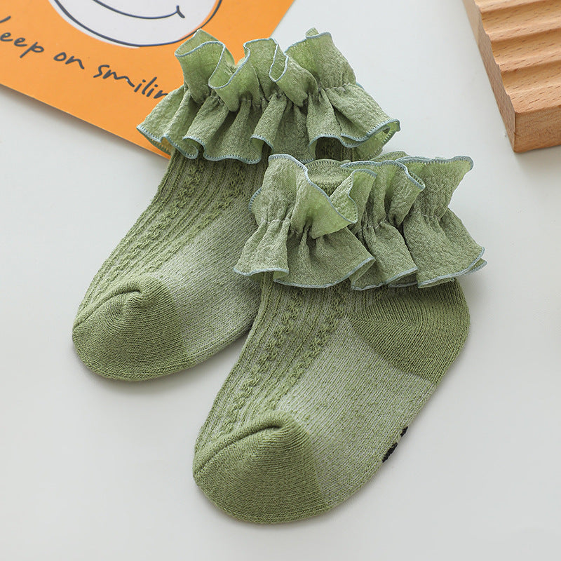 Toddler Girls Ruffle Lace Trim Solid Color Socks