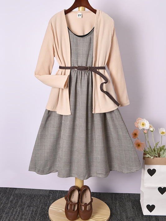 Girls Elegant Houndstooth Vest Dress and Apricot Ribbed Jacket Set