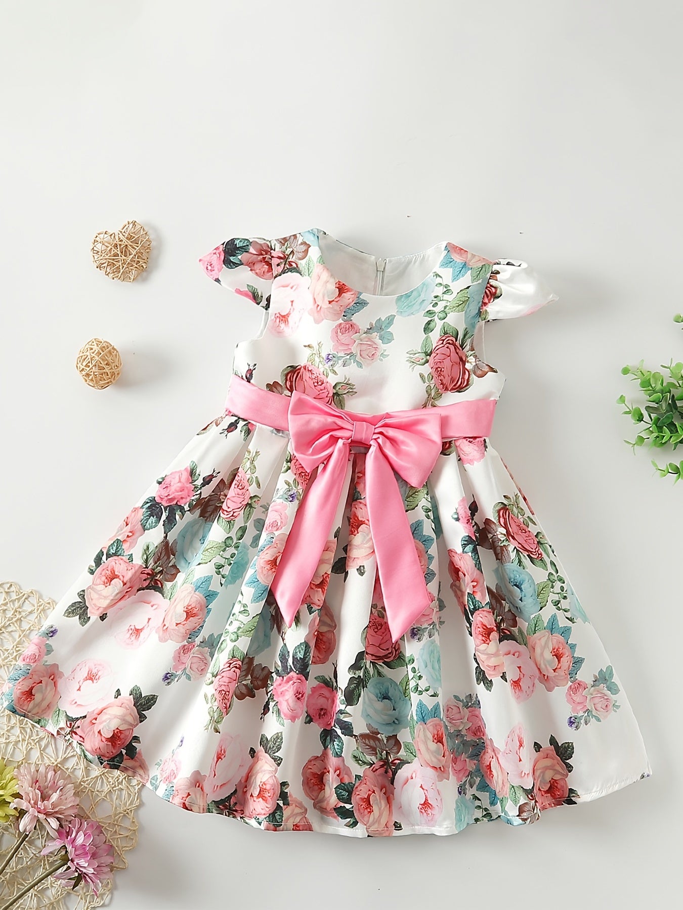 Elegant Cute Floral Print Dress with Bow Belt Decoration