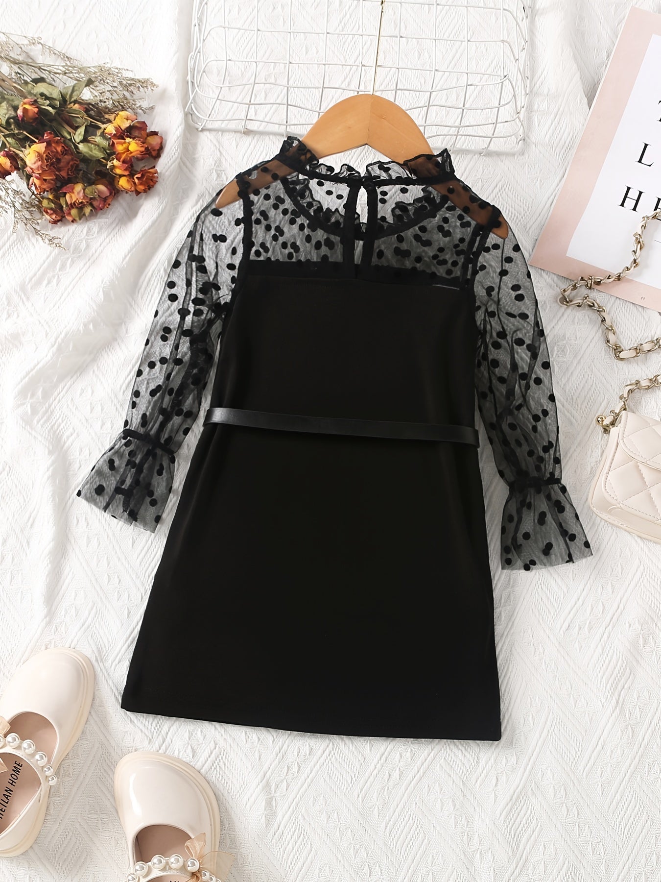 Girls Long Puff Sleeve Black Polka Dot Print Splicing Tulle Dress With Belt