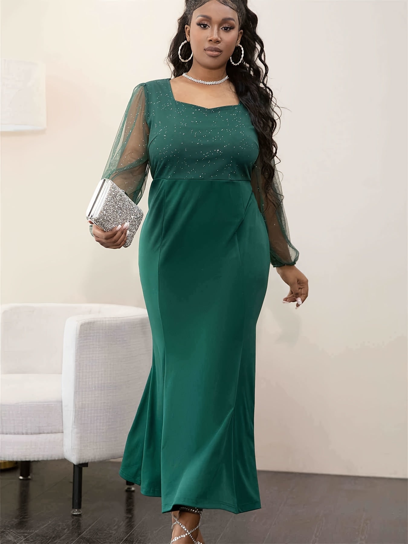 Women's Plus Size Contrast Mesh Mermaid Slim Fit Maxi Dress