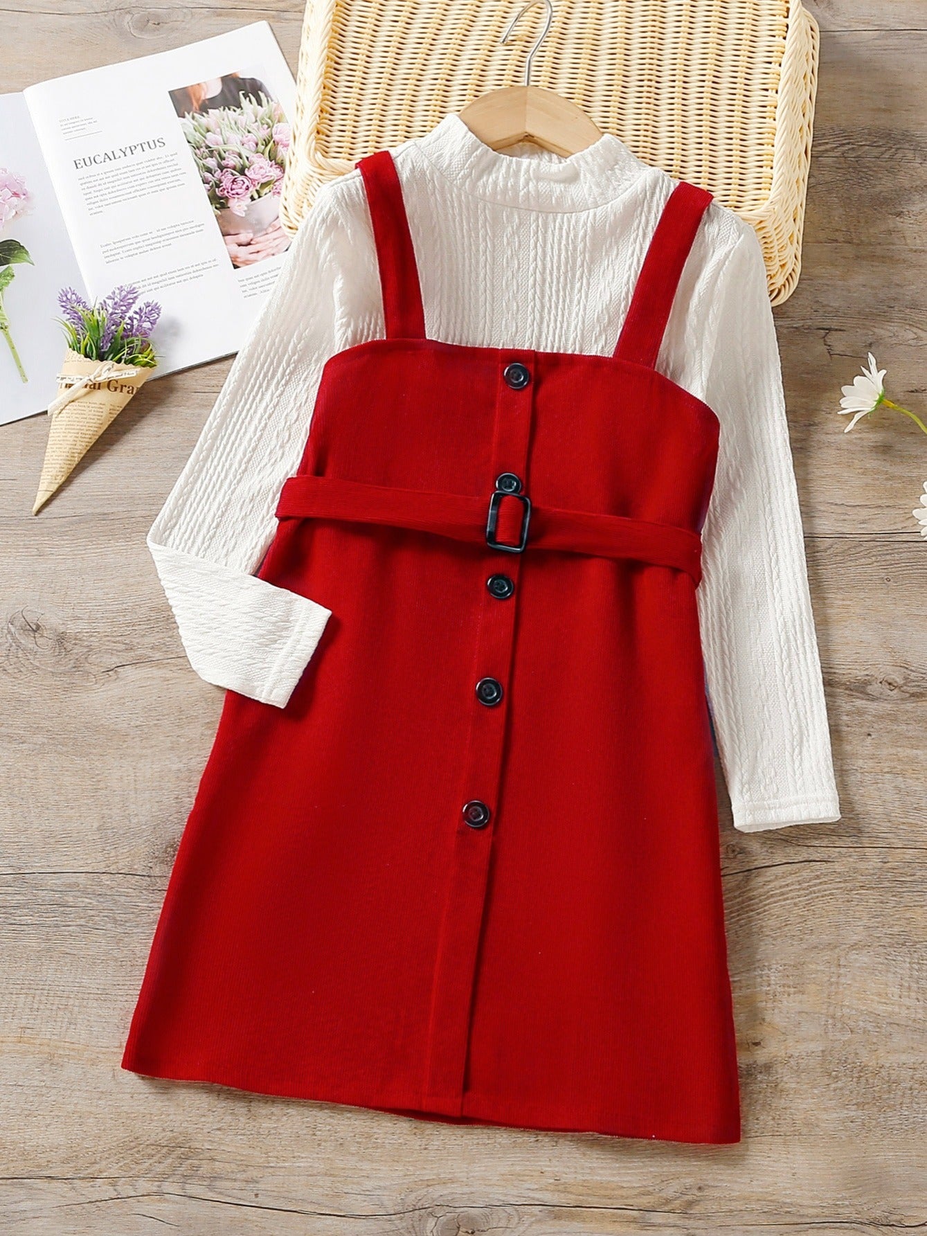 2pcs Kids Girls Knitted Tops and Corduroy Slip Dress Suits