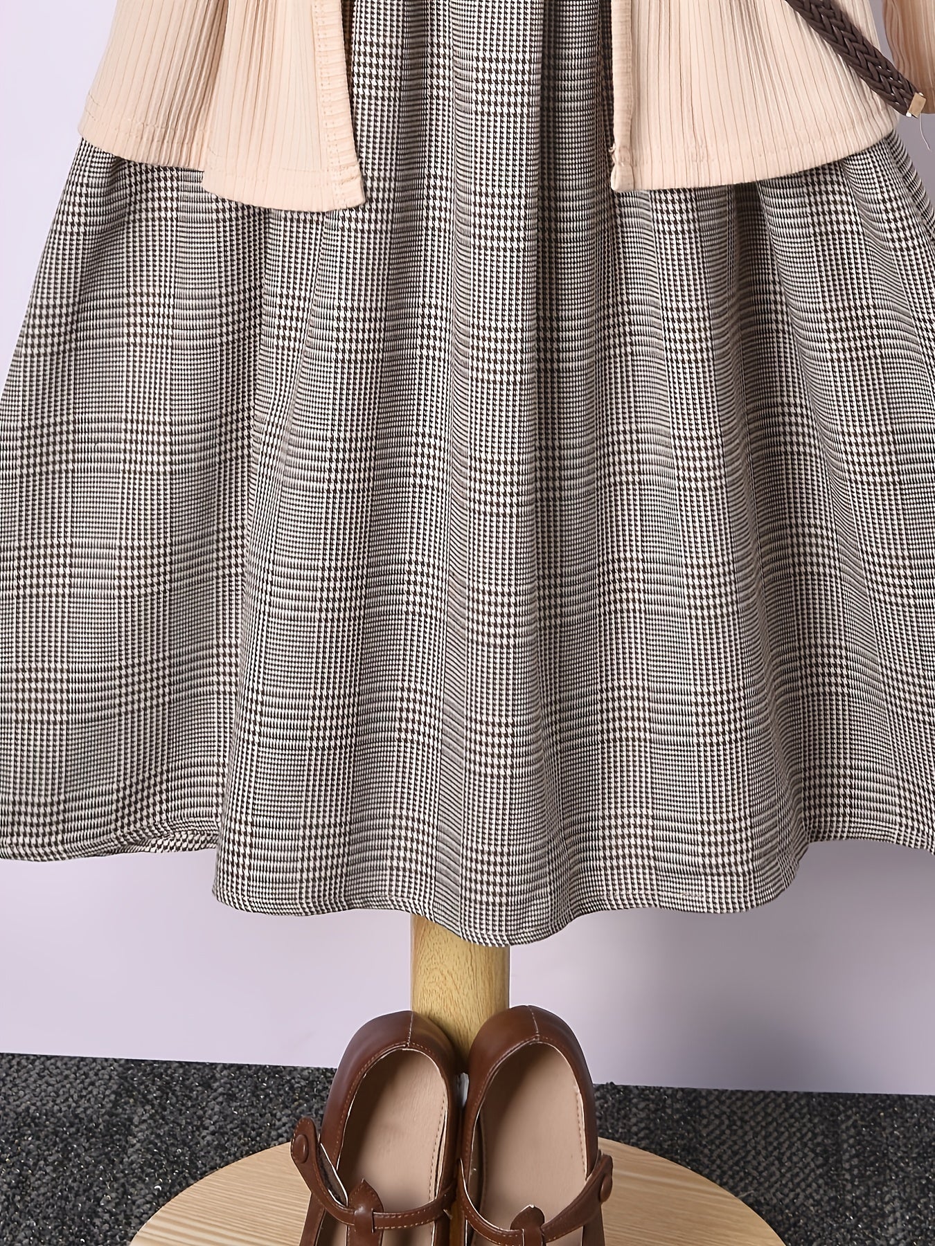 Girls Elegant Houndstooth Vest Dress and Apricot Ribbed Jacket Set