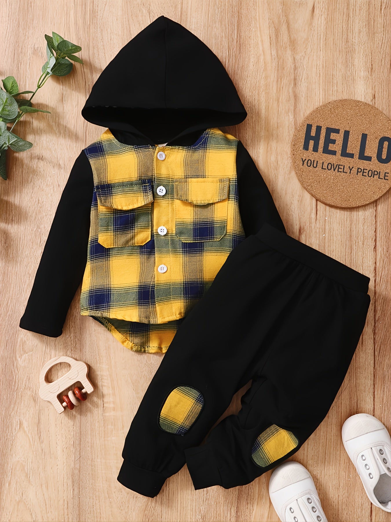 Hooded Plaid Top & Pants Set for Baby Boys