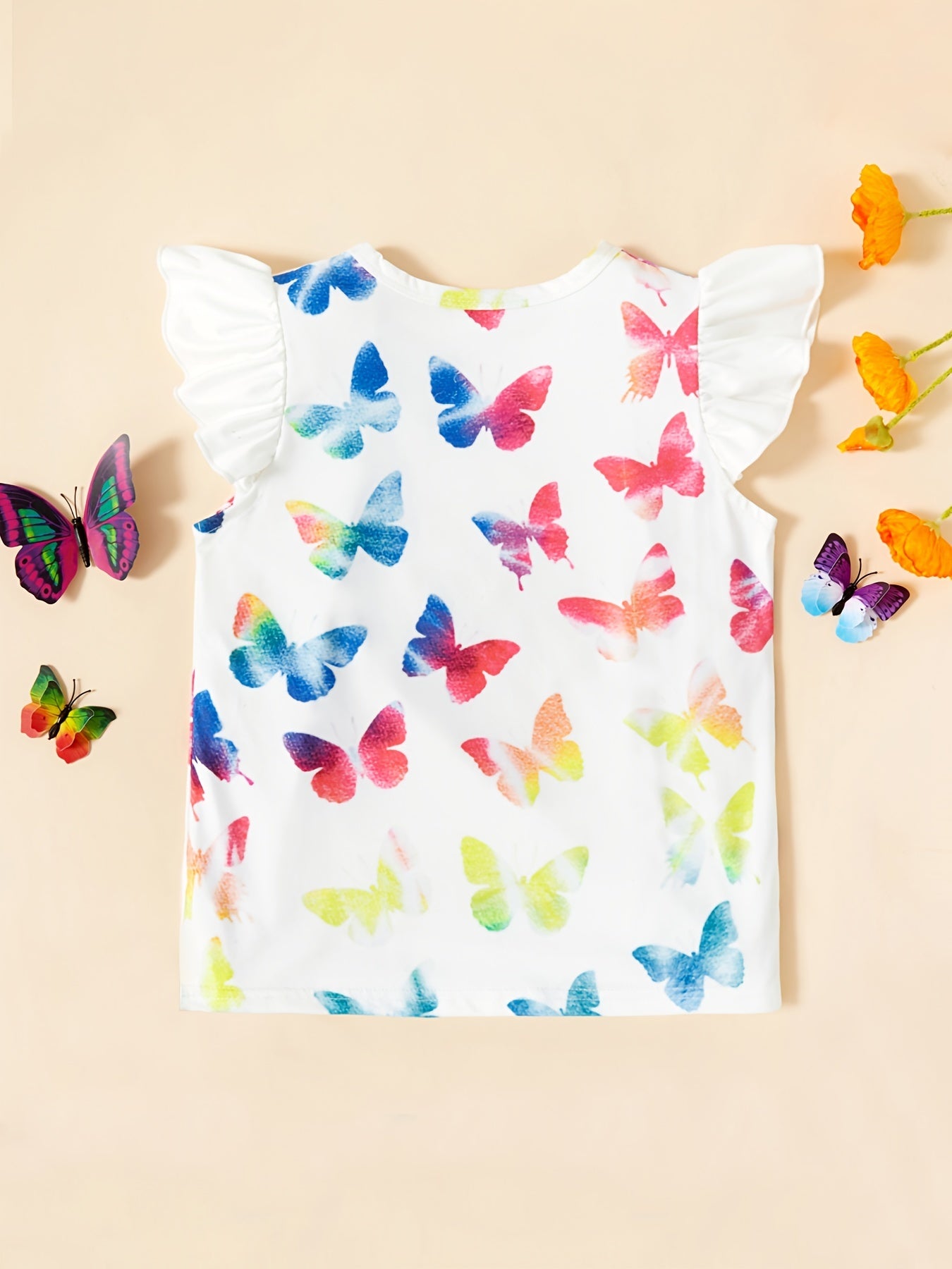 Toddler Girls Ruffle Sleeves T-shirt Tee With Butterfly Prints, Short Sleeve Top Baby Kids Clothes Summer