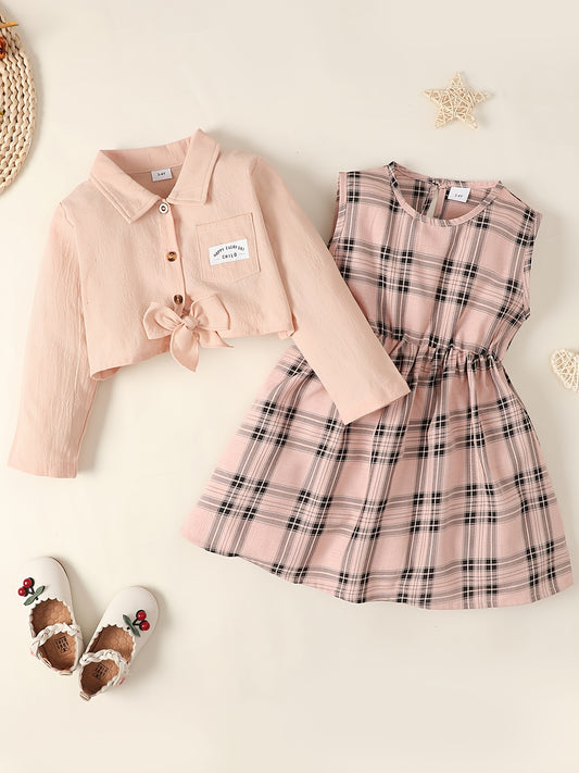 Girls Long Sleeve Shirt Top & Sleeveless Plaid Dress Set