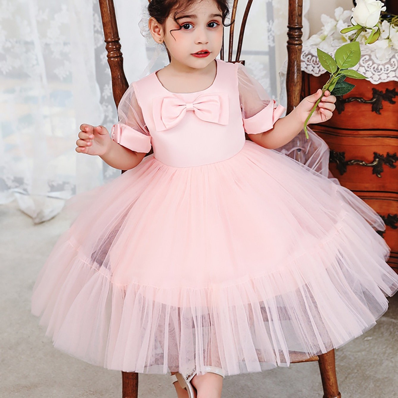 Girls Elegant Bowknot Decor Short Sleeve Mesh Princess Dress Clothes