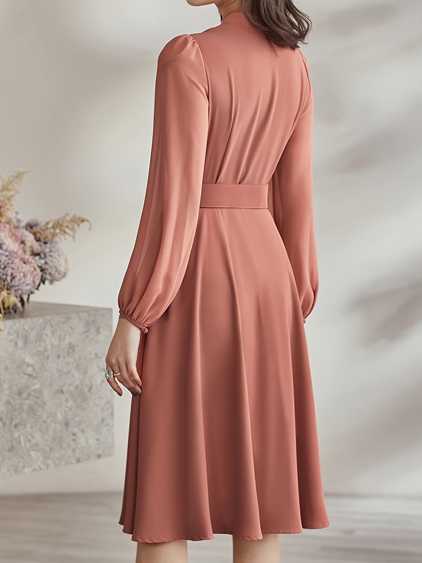 Women's Solid V Neck Stand Collar Long Sleeve Midi Dress