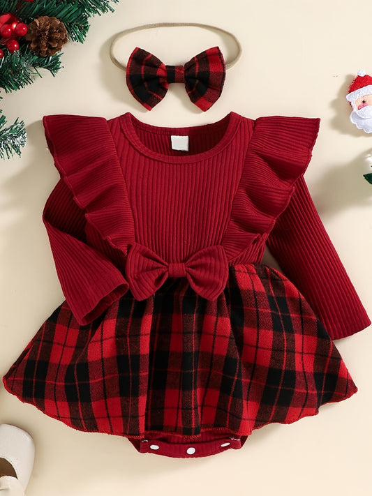 Infant Ruffled Plaid Dress Splicing Romper Long Sleeve Red Bodysuit Onesies & Bow Headband Set