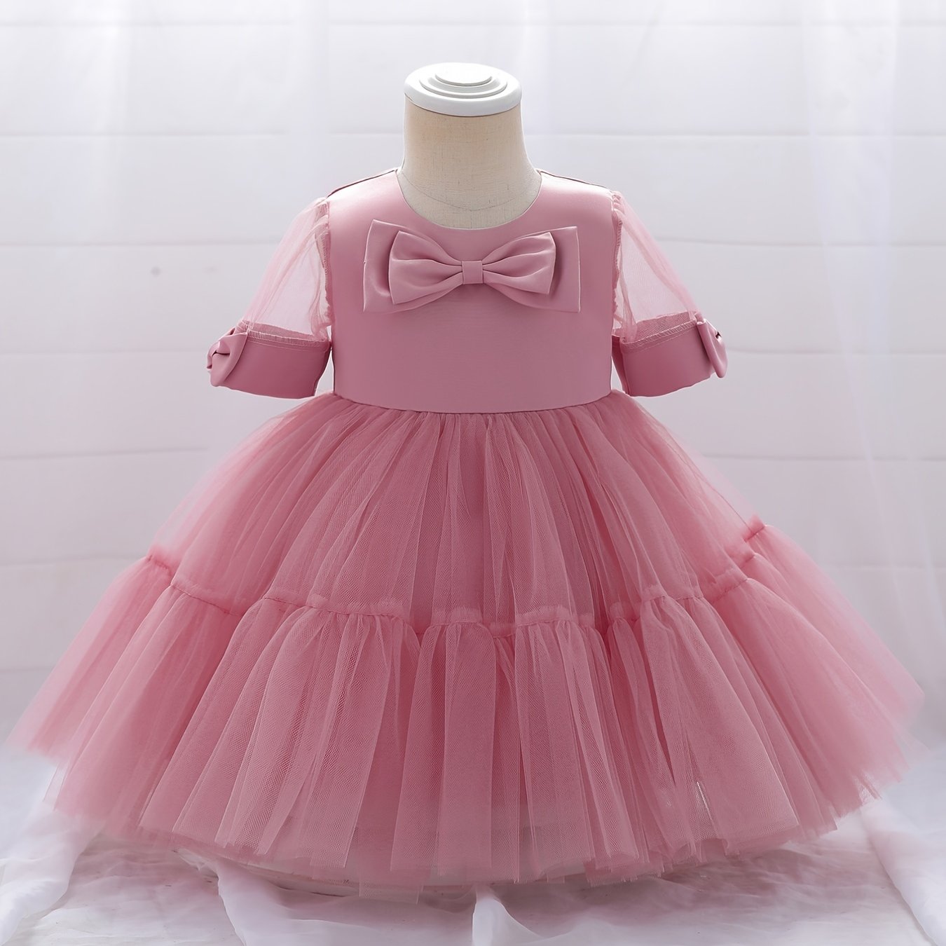 Girls Elegant Bowknot Decor Short Sleeve Mesh Princess Dress Clothes