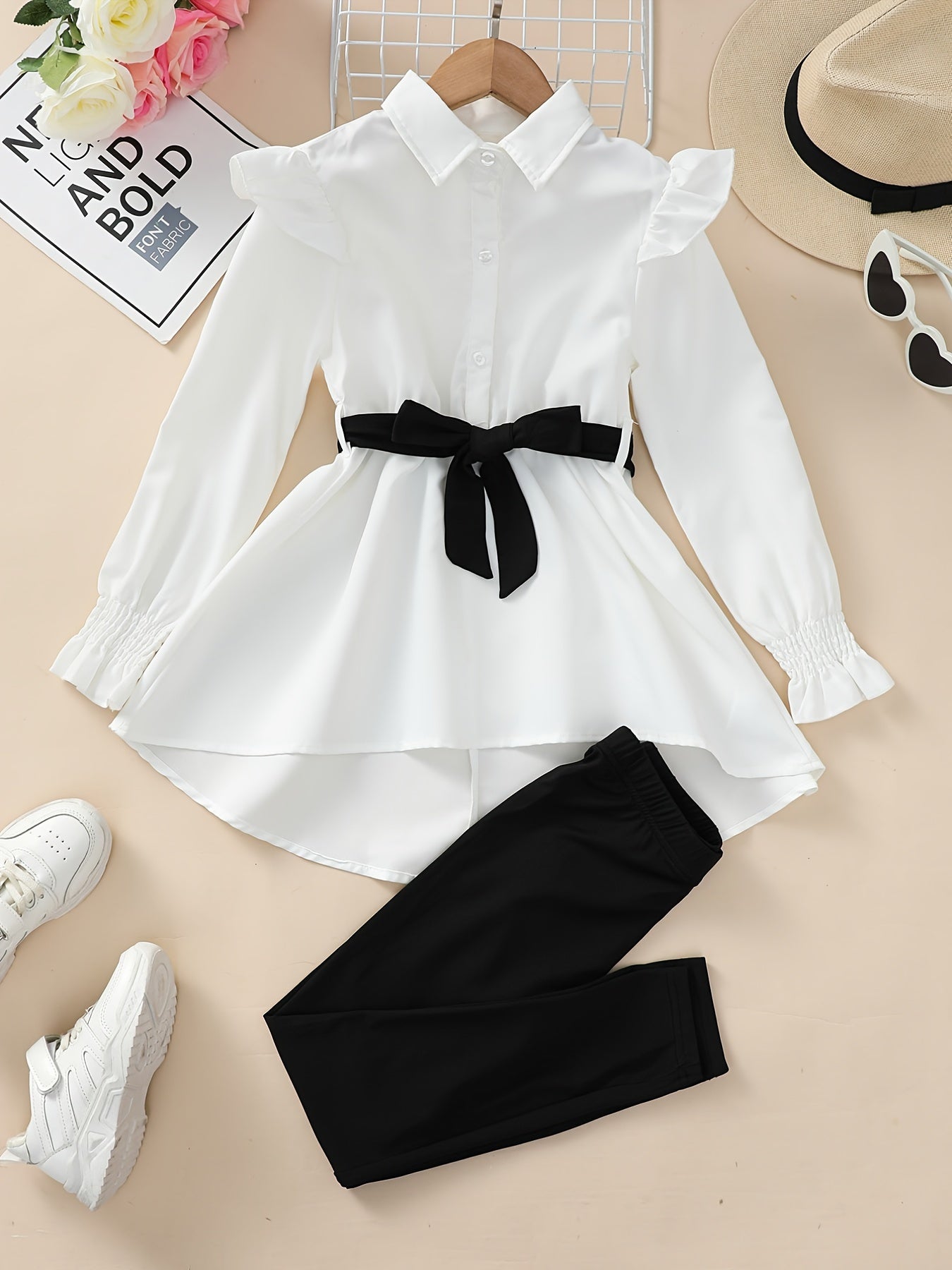 Cute Casual Elegant Shirt Dress with Belt & Leggings Set