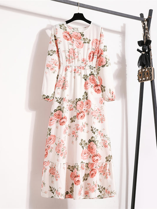 Elegant Floral High Waist Maxi Dress with Ruffled Neckline