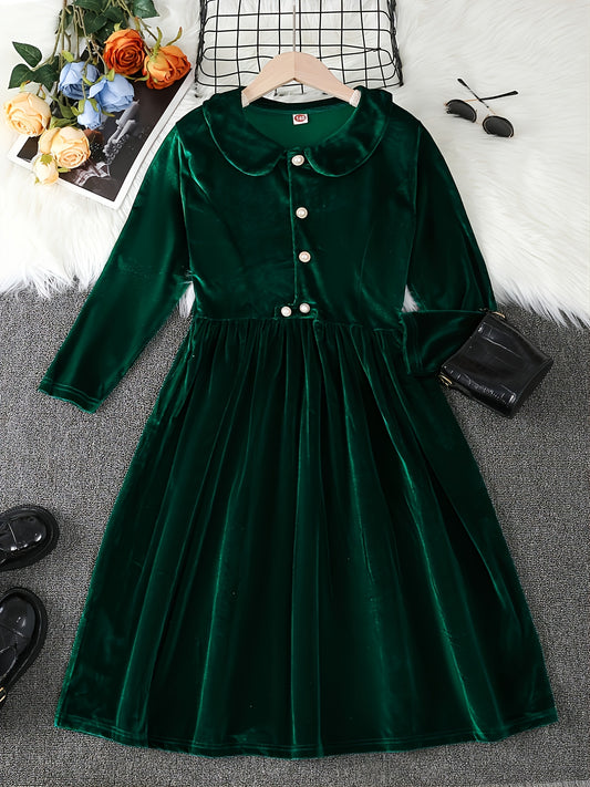 Dark Green Elegant Pleated Long-Sleeved Velvet Princess Dress