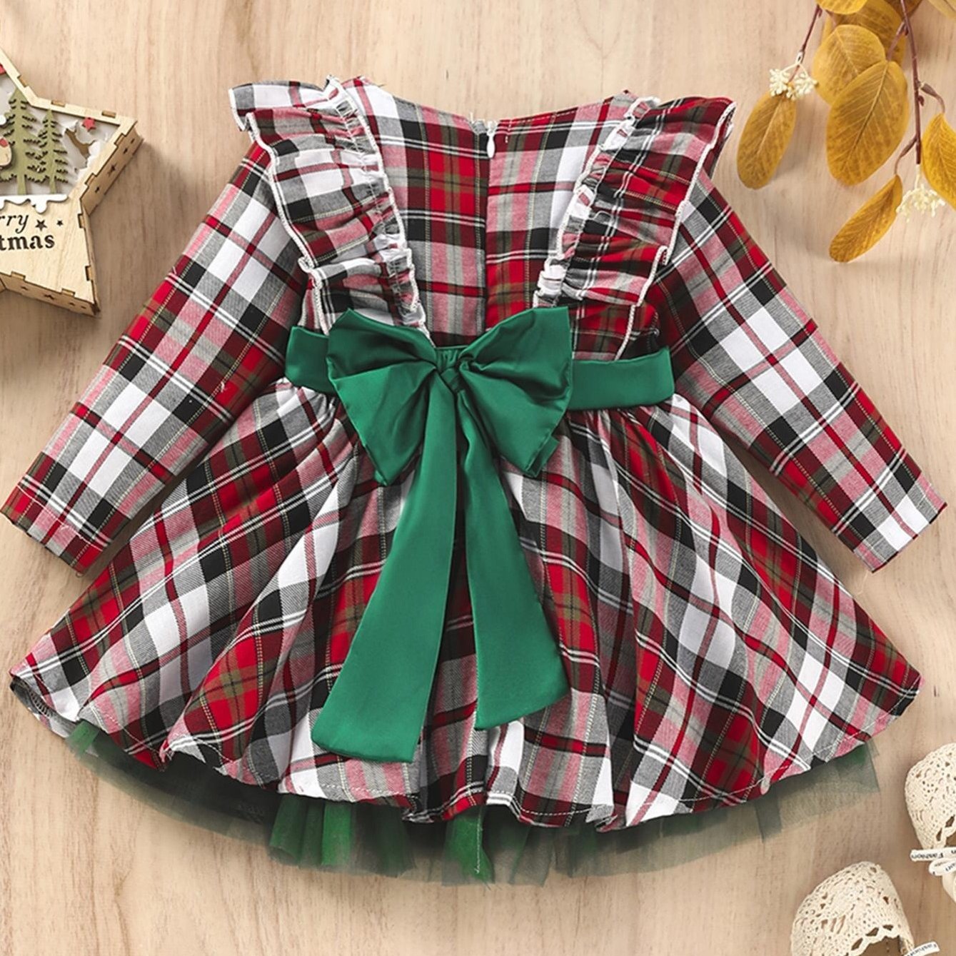 Girls Plaid Bowknot Belted Party Dress
