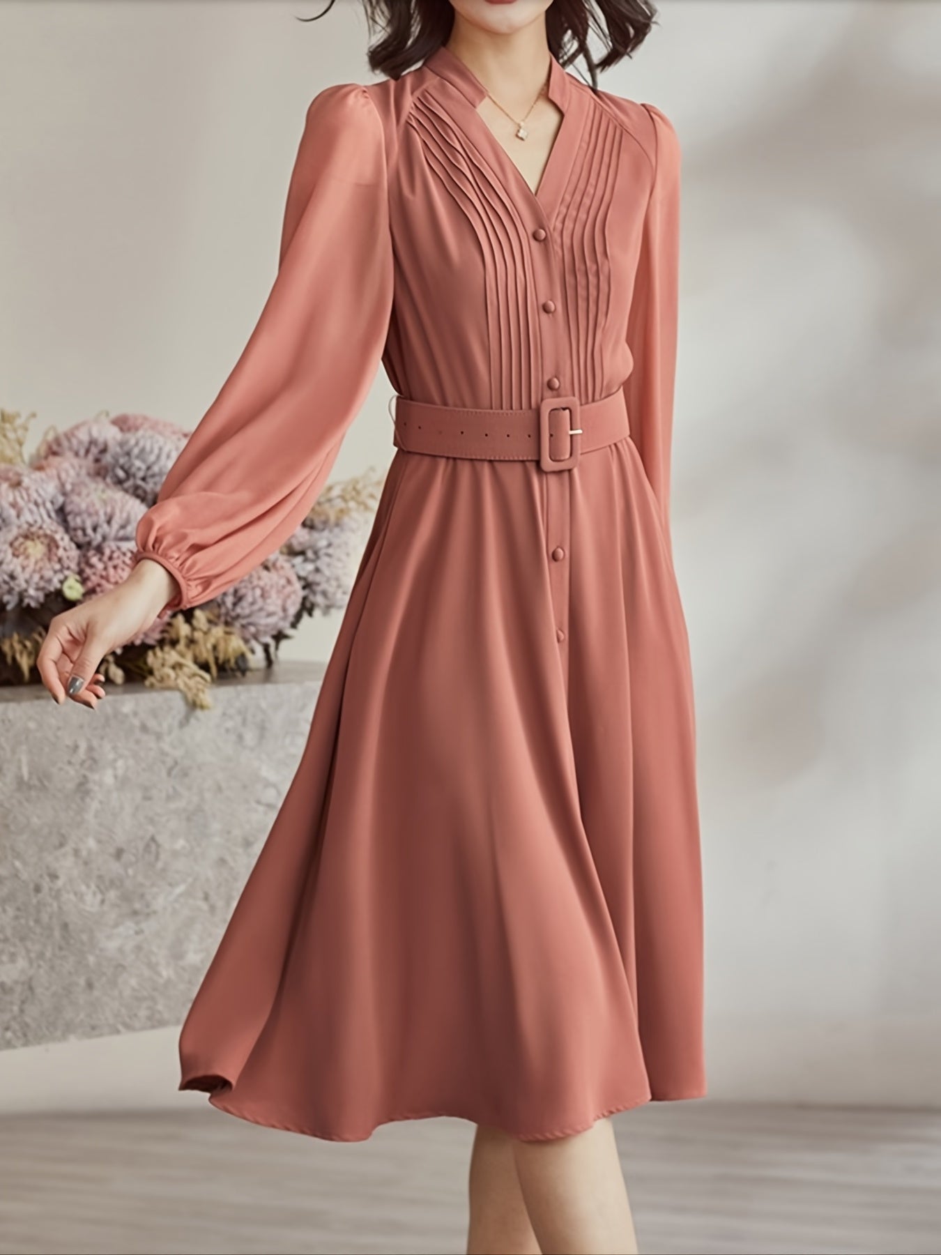 Women's Solid V Neck Stand Collar Long Sleeve Midi Dress