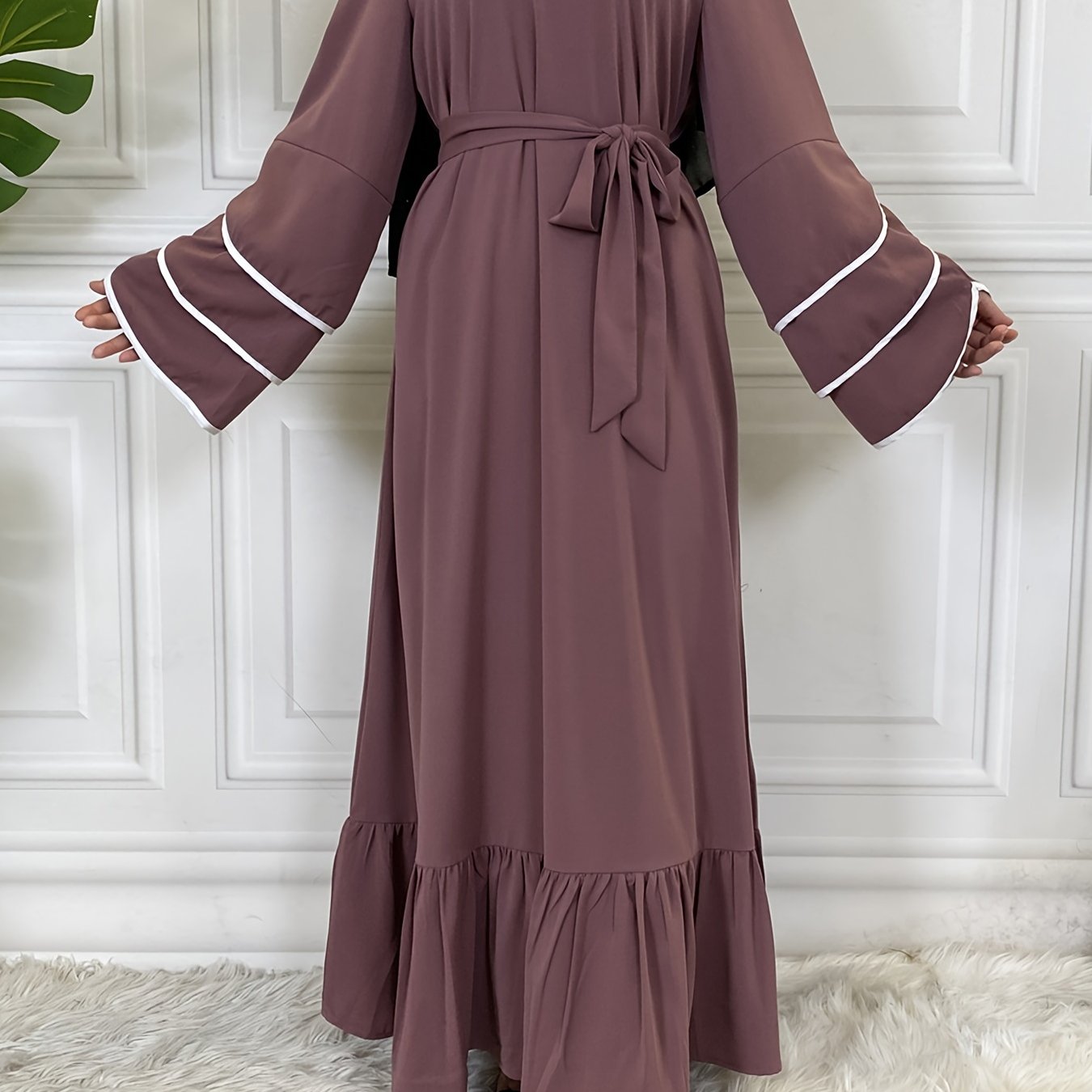 Women's Solid Muslim Petal Sleeve Crew Neck Loose Dress