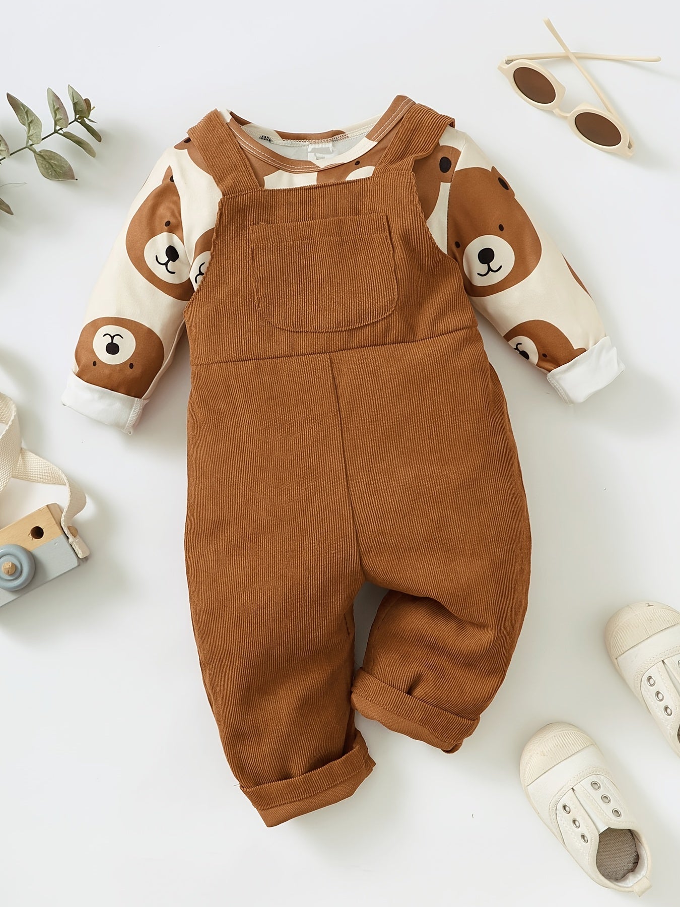Bear Print Top & Overalls Set for Baby Boys