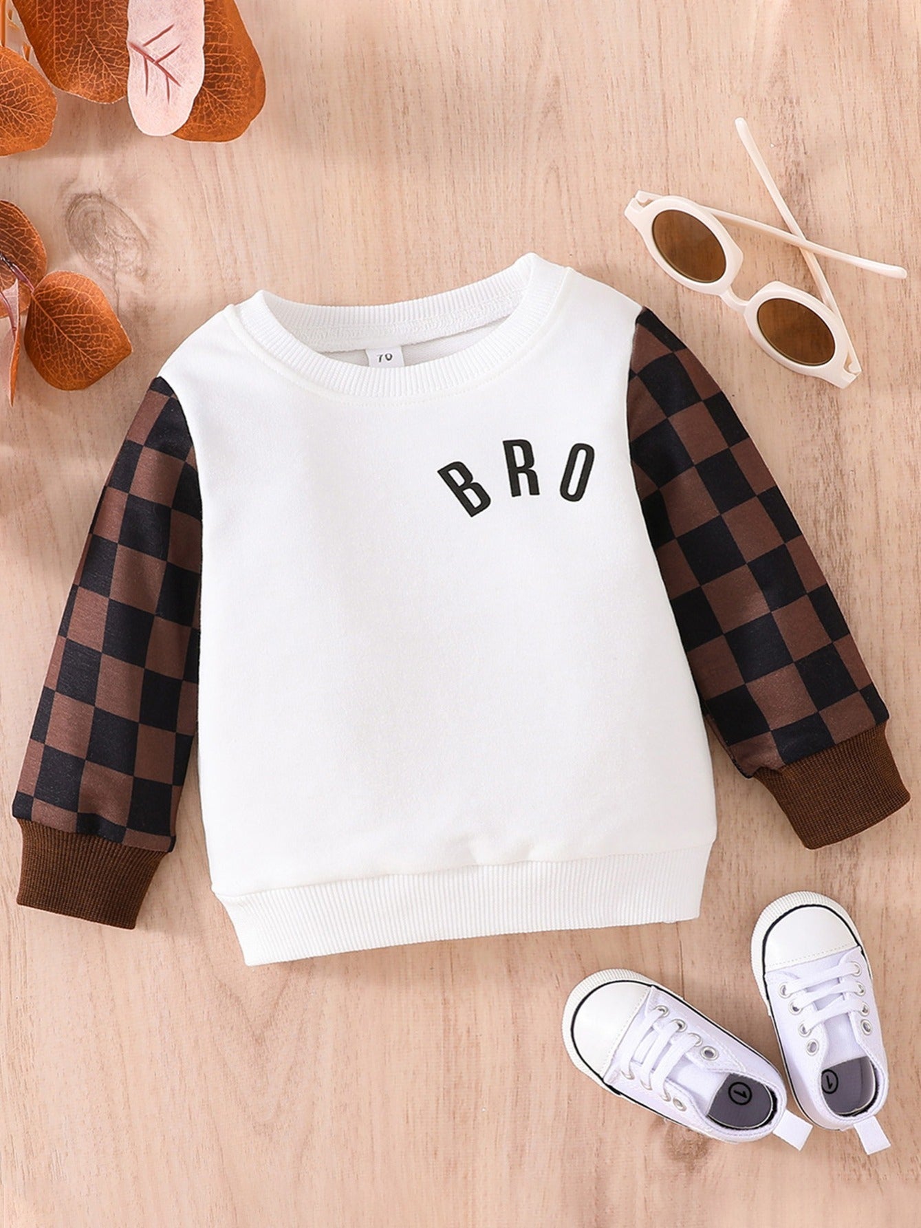 Baby Boy Casual Colorblock Plaid Letter Print Sweatshirt