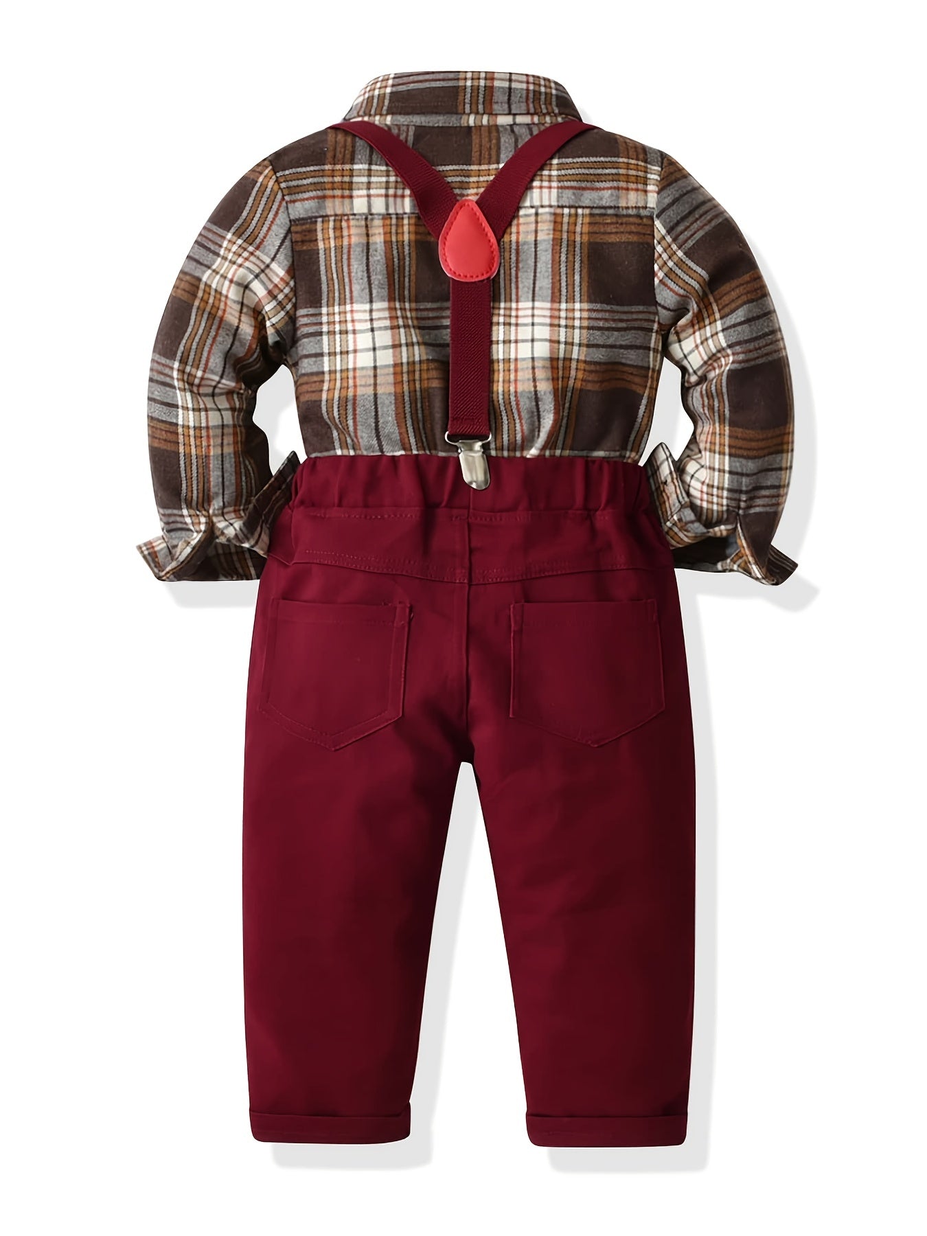 Boys Plaid Long-sleeved Shirt and Suspenders Pants Formal Gentleman Suit Outfit