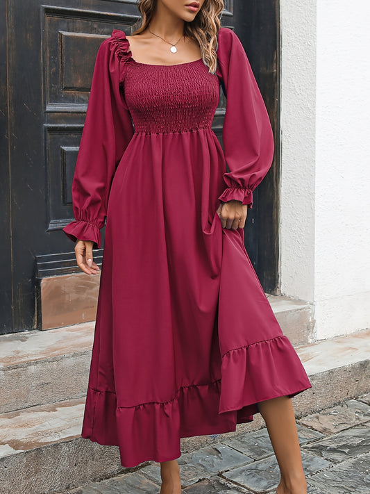 Women's Solid Squared Neck Long Lantern Sleeve Maxi Dress