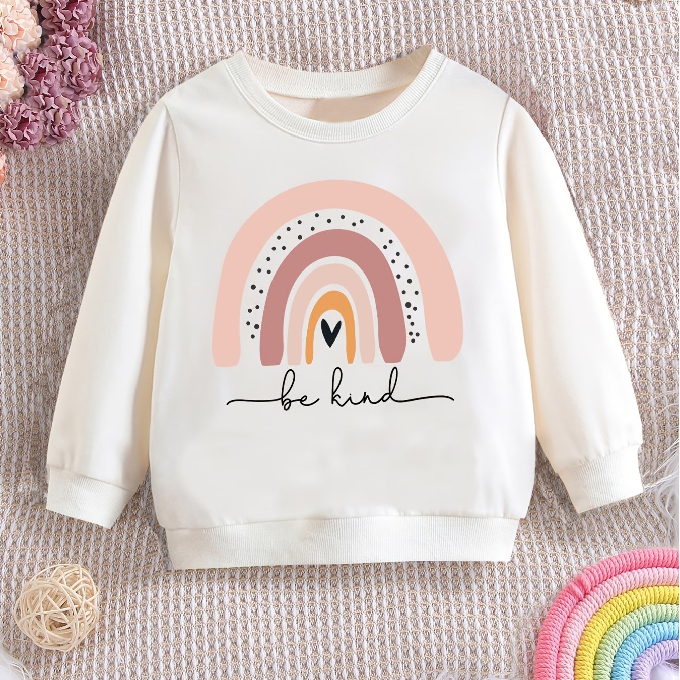 Girls Casual Cute Pullover Sweatshirt with Rainbow "Be Kind" Print