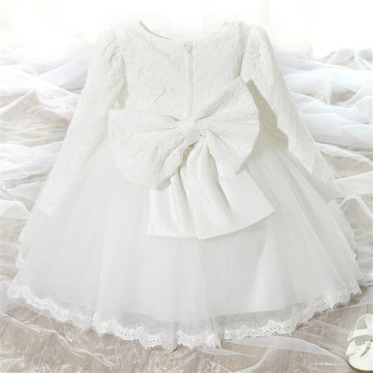 Elegant Newborn Baby Girl Long Sleeve White Baptism Flower Girl Dress