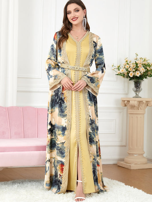 Floral Moroccan Kaftan 2 Piece Abaya for Women