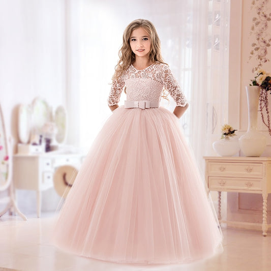 Elegant Pink Lace Flower Princess Dress for Girls: Perfect for Eid Celebrations