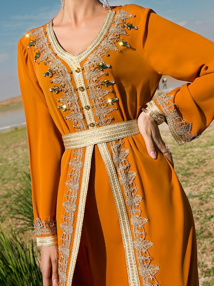 Gorgeous Abaya 2pcs Set with Handsewn Moroccan Embroidery