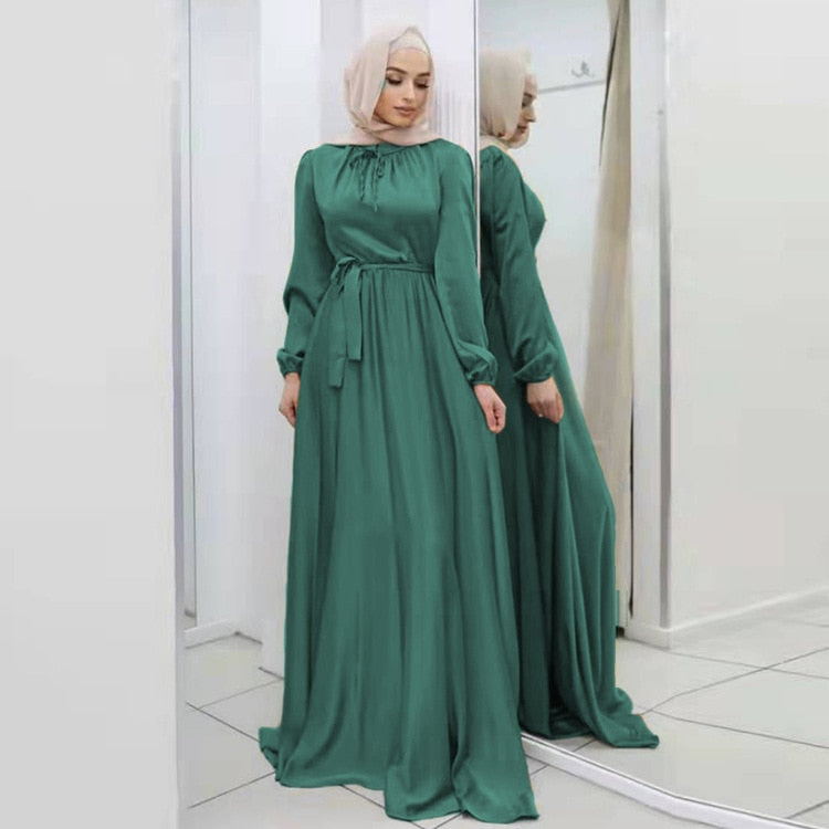 "Luxurious Ramadan Hijab Satin Belted Abaya Dress - Turkish Muslim Fashion from Dubai"