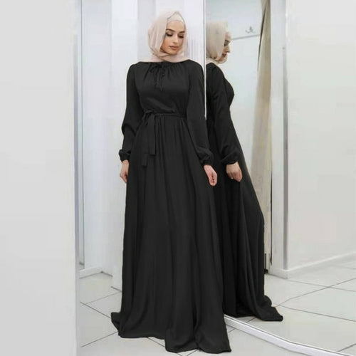 "Luxurious Ramadan Hijab Satin Belted Abaya Dress - Turkish Muslim Fashion from Dubai"