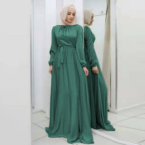 "Luxurious Ramadan Hijab Satin Belted Abaya Dress - Turkish Muslim Fashion from Dubai"