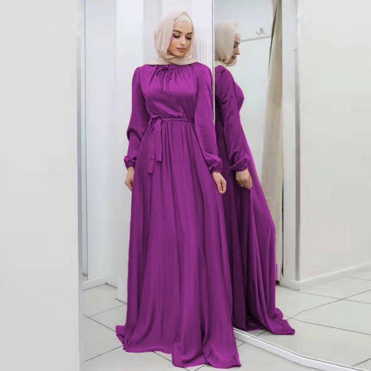 "Luxurious Ramadan Hijab Satin Belted Abaya Dress - Turkish Muslim Fashion from Dubai"