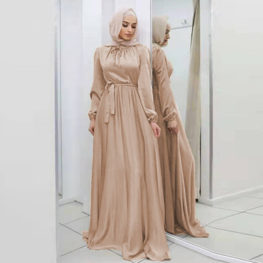 "Luxurious Ramadan Hijab Satin Belted Abaya Dress - Turkish Muslim Fashion from Dubai"