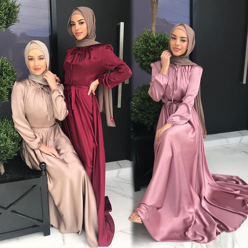 "Luxurious Ramadan Hijab Satin Belted Abaya Dress - Turkish Muslim Fashion from Dubai"