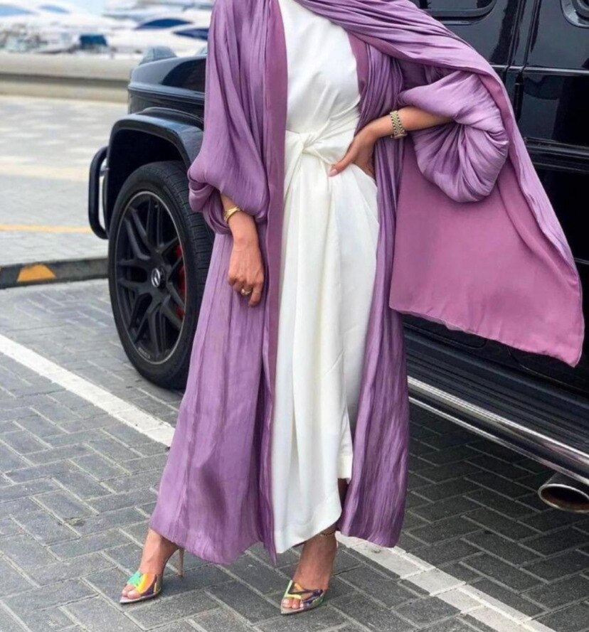 Bubble Sleeve Flowy Turkish Dresses for Eid Open Abaya in Dubai