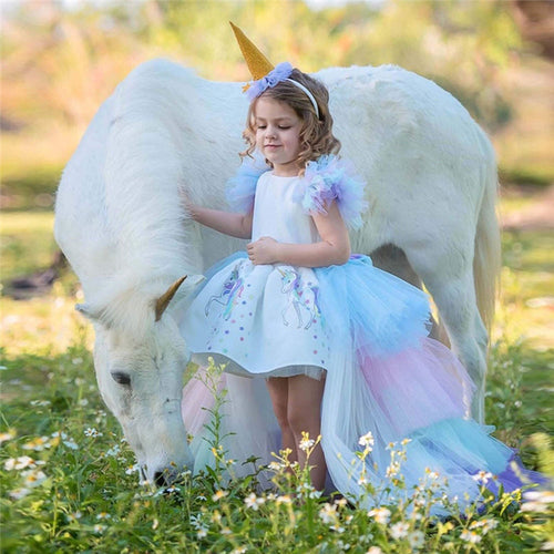 Rainbow Cake Girls Unicorn Dress Long Tail Train Dress Baby Girl