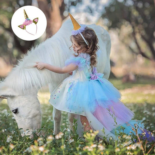 Rainbow Cake Girls Unicorn Dress Long Tail Train Dress Baby Girl