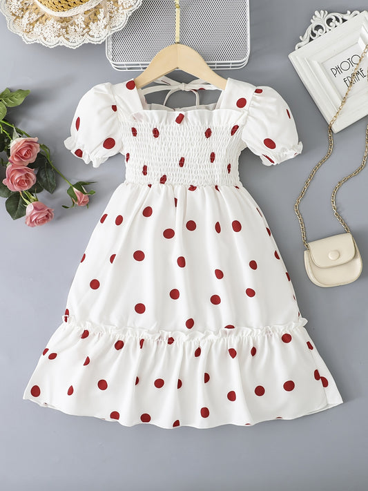 Cute Red Polka Dot Print Short Bubble Sleeve Ruffled Hem Dress