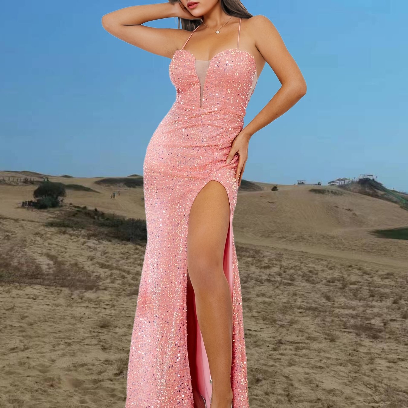 Spaghetti Straps Sequins Shinning Maxi Evening Party Dress